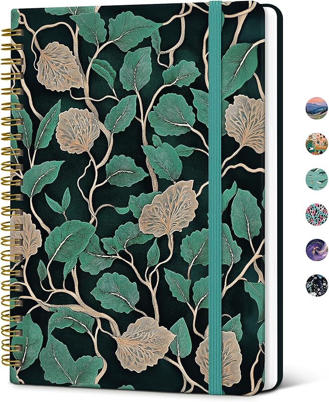 Taja Spiral Lined Journal for Women, Notebook for Work with Pretty Cover, 140 College Ruled Pages, Hardcover Notebook for Journaling, Note Taking, Bible Study, Emerald Vines