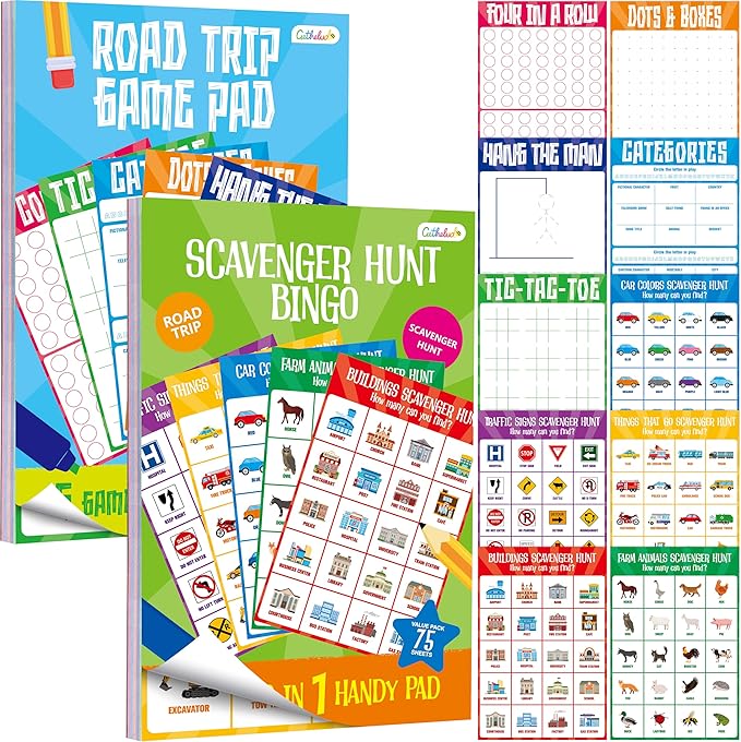 Gethelud 2 Pack Road Trip Game Pads, 10 Games (Categories, Dot & Boxes, Tic-tac-Toe, Scavenger Hunt Bingo), Pen Pencil Paper Game, Plane Trip/Car Travel/Getaway Activity Pad for Kid, Adult