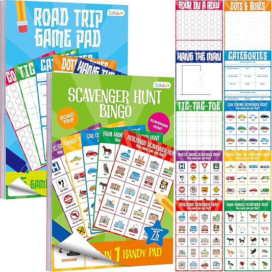 Gethelud 2 Pack Road Trip Game Pads, 10 Games (Categories, Dot & Boxes, Tic-tac-Toe, Scavenger Hunt Bingo), Pen Pencil Paper Game, Plane Trip/Car Travel/Getaway Activity Pad for Kid, Adult