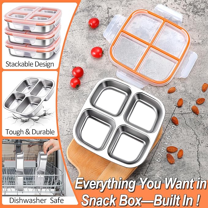 KTKUDY 3 Pack Stainless Steel Snack Containers - Divided Bento Snack Box - 4 Compartment Meal Prep Lunch Containers for Kids Daycare, School, Work, Travel