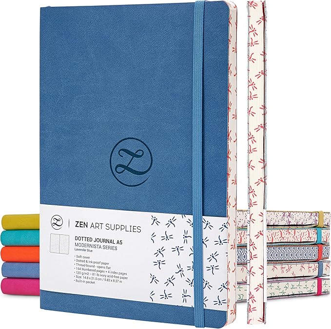 ZenART Supplies A5 Bullet Dotted Journal - Enjoy Bullet Journaling with a Soft Cover, Non-Bleed Thick 120gsm Paper, Dot Journal in Blue, Japanese Edge Motif - Faux Leather Lay Flat Dot Grid Notebook