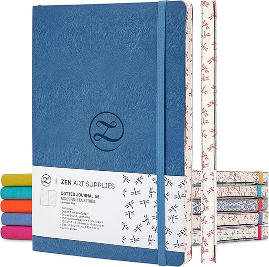 ZenART Supplies A5 Bullet Dotted Journal - Enjoy Bullet Journaling with a Soft Cover, Non-Bleed Thick 120gsm Paper, Dot Journal in Blue, Japanese Edge Motif - Faux Leather Lay Flat Dot Grid Notebook