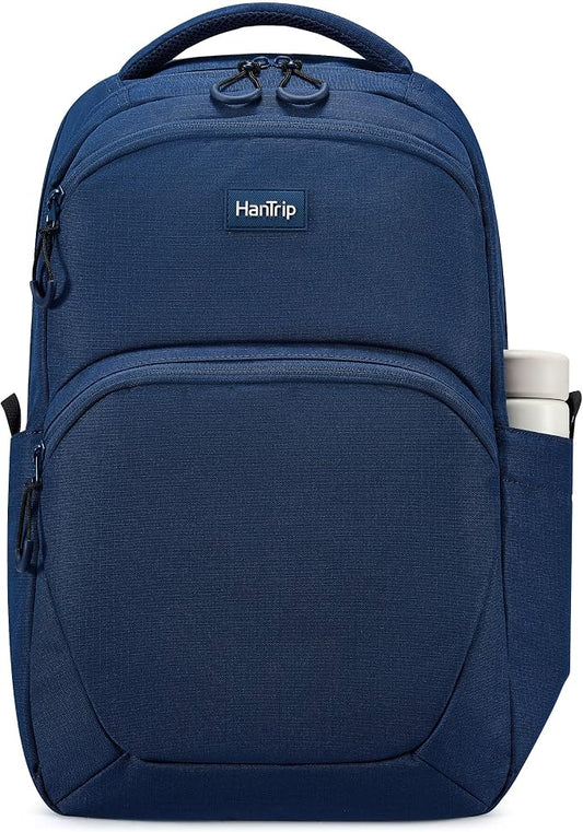 HanTrip 18 Inch Carry on Travel Backpack with Lots of Pockets, Navy Blue | 17 Inch Laptop Sleeve, Luggage Sleeve, Water Bottle Pocket, 30 Liter, Chest Strap, Water Resistant, 18x14x8 Medium Bookbag