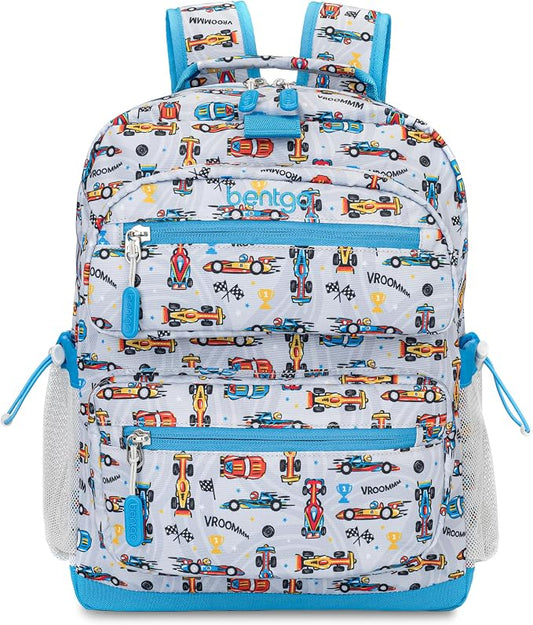 Bentgo Kids Print Backpack - Lightweight 14” Backpack for School, Travel & Daycare, Ideal for Ages 4+, Durable & Water-Resistant, Roomy Interior, & Loop for Lunch Bag (NEW Race Cars)