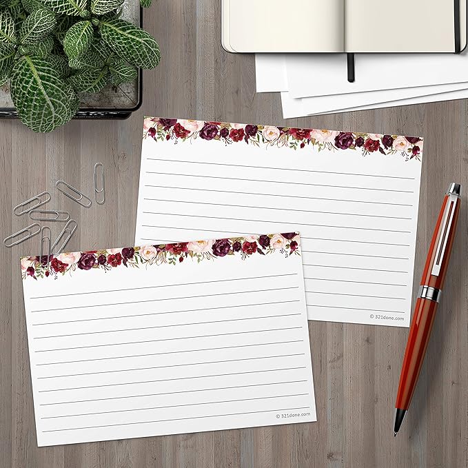 321Done Floral Ruled Index Cards - Made in USA - Large 4x6 (Set of 50), College-Ruled Lined Notecards Double-Sided, Thick Heavy Duty Cardstock, Cute Pretty Flowers Red Roses on White Note Cards Lines