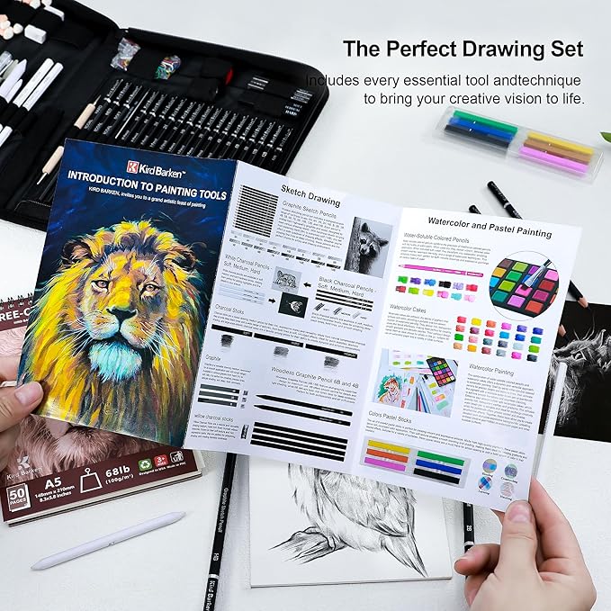 Kird Barken 112 PCS Professional Drawing Set Sketch Kit with 3-Color Sketchbook, Graphite & Charcoal Pencils,Sketching Supplies for Shading & Blending – Ideal for Artists, Adults, Teens & Beginners