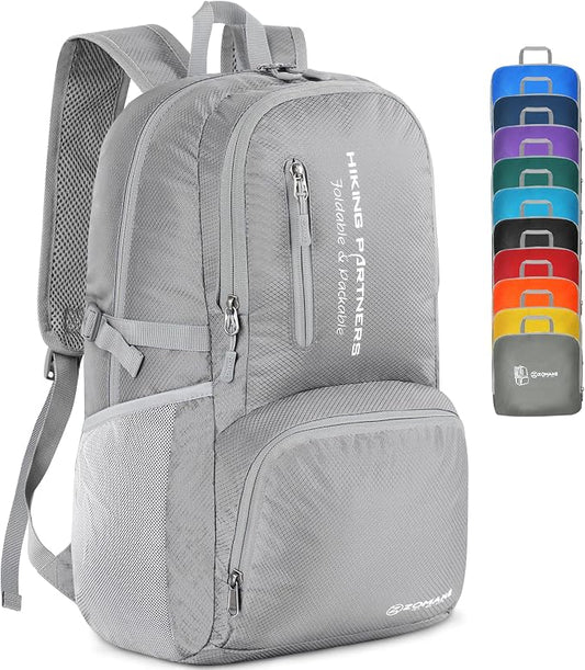 ZOMAKE Lightweight Packable Backpack, 35L Foldable Daypack (Silver Grey) | Light Hiking Backpacks Water Resistant Collapsible Day Pack for Travel, Everyday Carry, Multi-Pocket Layout, Heavy Duty Nylon