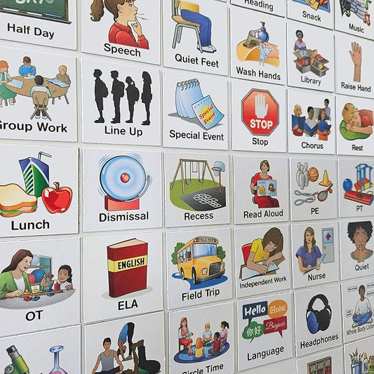 SchKIDules 87-Pc Visual Schedule Magnets (School Collection) | Sized for Individual/Small Group Use | Special Ed & IEP Support | 66 (2x2) Activity Icons + 21 Headings | Available in English & Spanish