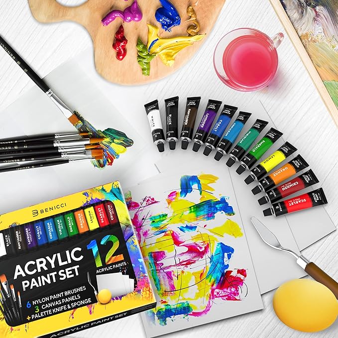 Complete Acrylic Paint Set – 12х Rich Pigment Colors & 6x Art Brushes - Includes 3 Paint Canvases, Palette Knife & Sponge - Perfect for Canvas, Clay, Ceramic - Non-Toxic, Great for Kids & Adults
