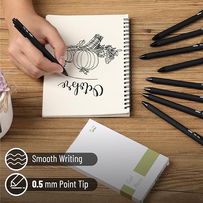 Mr. Pen- Retractable Gel Pens, 8 Pack, Black Ink, Black Barrels, Fine Point 0.5 mm, Fast Dry, Smooth Writing, Cute Pens for Drawing, Writing Planner and School Supplies