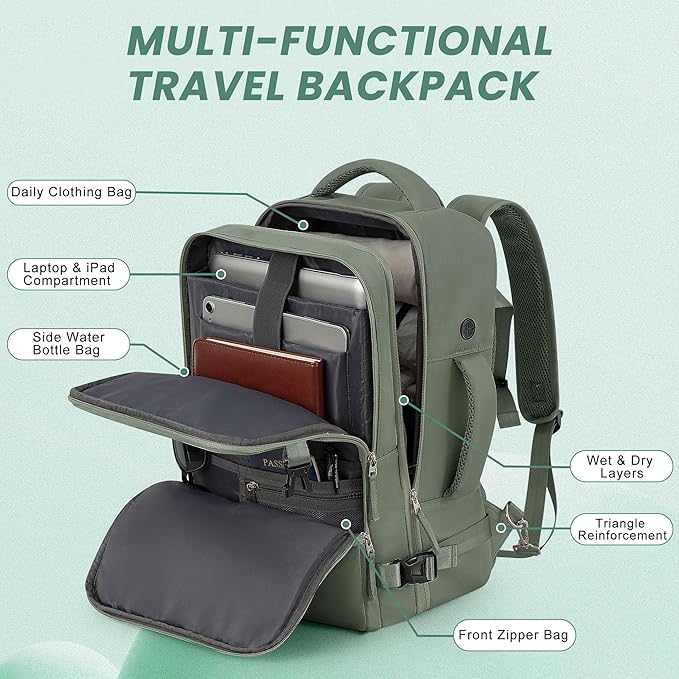 Sinaliy Travel Backpack, Carry on Flight Approved Backpack with Multi-Pockets, TSA Waterproof 17.3inch Laptop Backpack, Personal Item Travel Bag for Men Women, Army Green