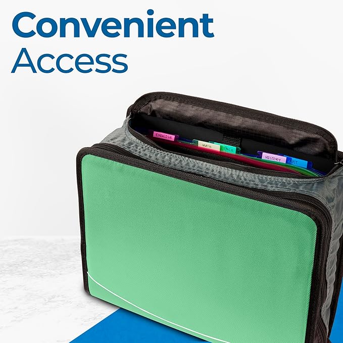 Case-it Mighty Zip Tab School Zipper Binder | 3-Inch O-Rings, 600-Sheet Capacity, 5-Subject Expanding File Folder, Multiple Pockets & Storage Organizer, Shoulder Strap | D-146 Canopy Green