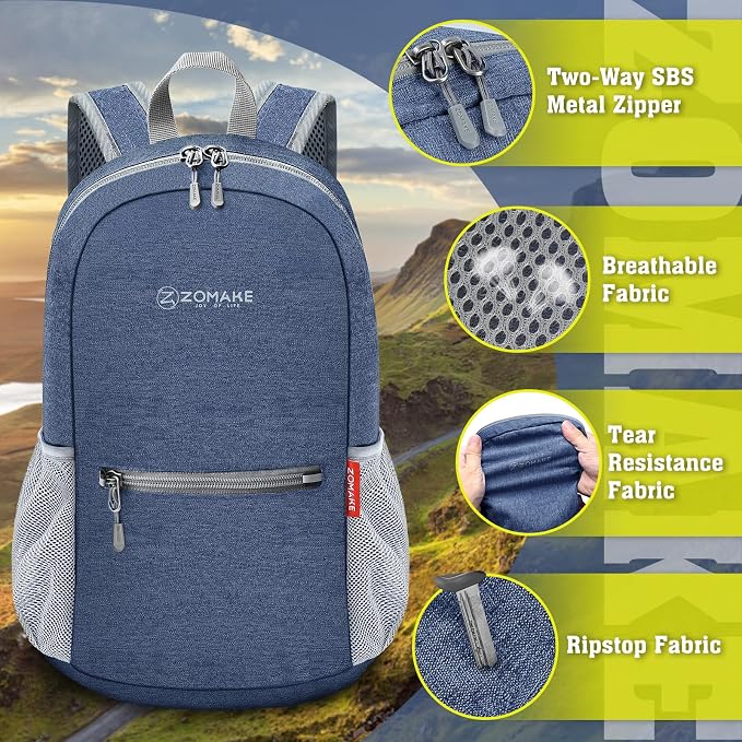 ZOMAKE Lightweight Packable Backpack, 10L Small Foldable Daypack for Hiking | Water Resistant Collapsible Backpacks for Women Men, Everyday Carry, Multi Compartment Storage,Adjustable Strap(Navy Blue A5)