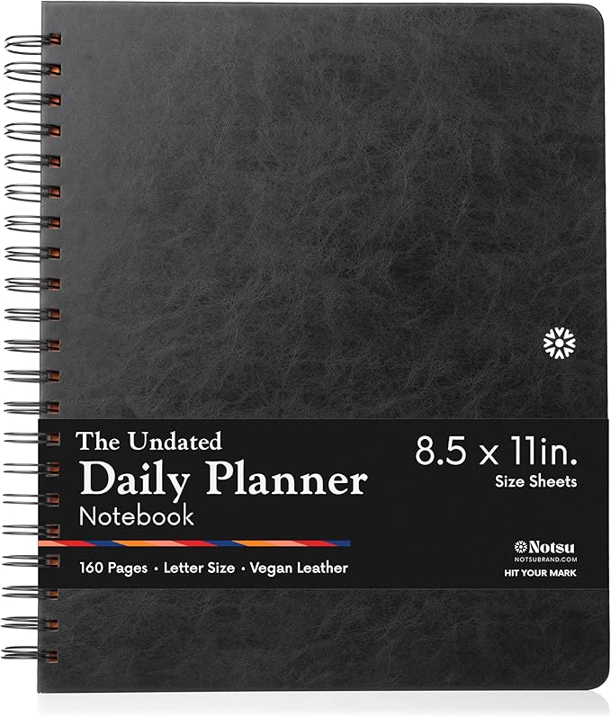 Notsu Undated Daily Planner Notebook | Minimalist Productivity Planner with To Do List, Agenda, Dot Grid, Lined, Notes sections. 160 Pages, Thick Paper 120 gsm, 8.5 x 11 inches, Premium Black Vegan