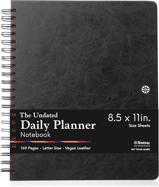 Notsu Undated Daily Planner Notebook | Minimalist Productivity Planner with To Do List, Agenda, Dot Grid, Lined, Notes sections. 160 Pages, Thick Paper 120 gsm, 8.5 x 11 inches, Premium Black Vegan
