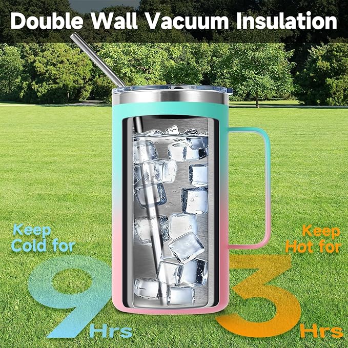 Volhoply 22oz Insulated Stainless Steel Coffee Mugs with Leakproof Lid Bulk 2 Pack,Double Wall Vacuum Travel Coffee Cup with Handle,Reusable Metal Tumbler,Camping Mug Keep Hot&Cold(Green Pink,2)