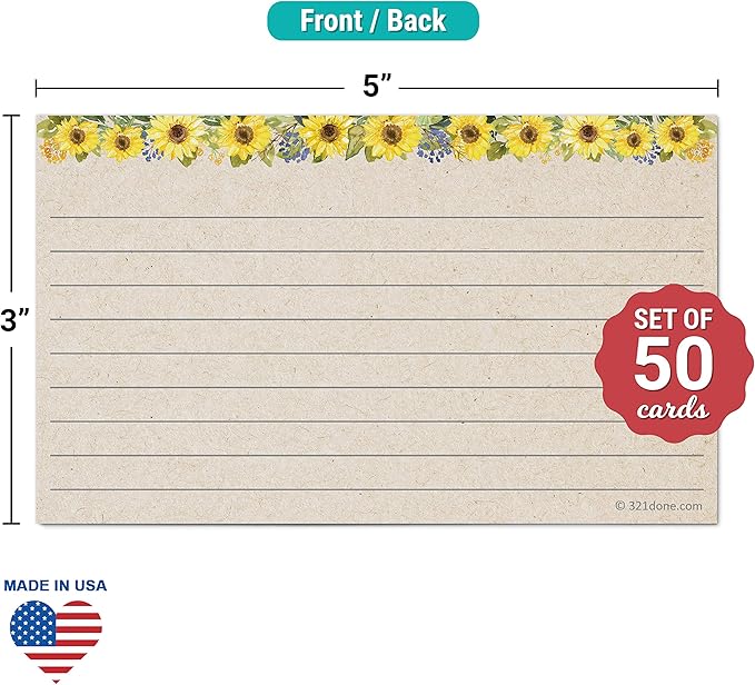 321Done Ruled Note Cards, Sunflower 3x5 Thick Index Cards - Kraft Tan Card Stock, Notecards & Stationery with Lines for Writing, Stamping - Made in USA, Set of 50 - No Envelopes