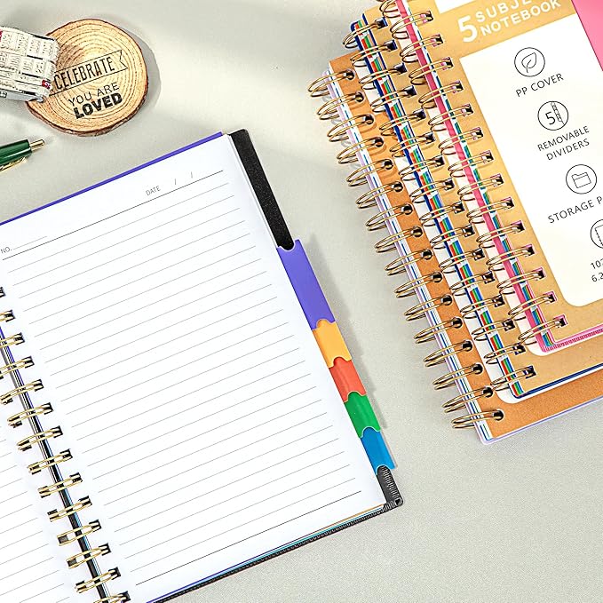 CAGIE 2 Pack 5 Subject Notebook College Ruled 8.5 x 11 Notebooks for Work School Note Taking with Removable Dividers & Pocket Hardcover Spiral Lined Journal Notebook, School Supplies, Pink