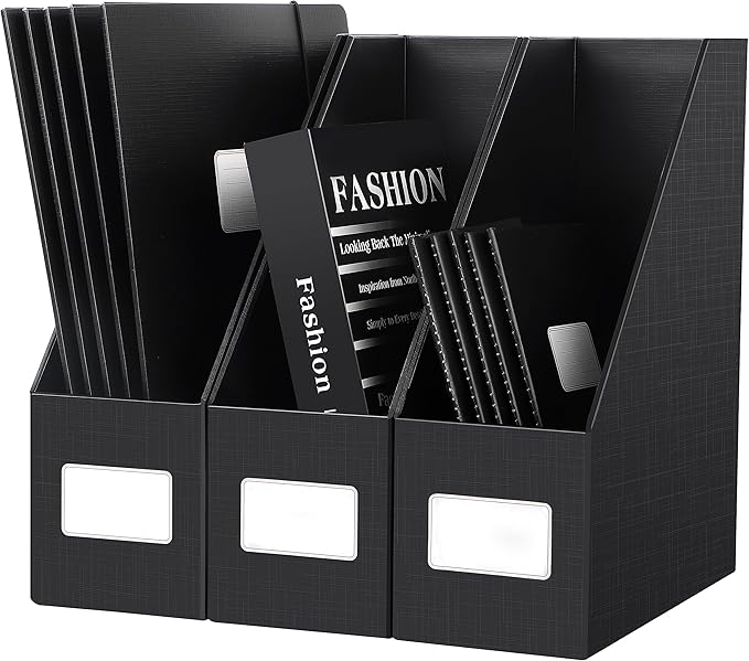 JiaWei Black Magazine File Holders, 3 Packs Sturdy Cardboard File Rack, Office Organization Desktop Storage File Box Binder for Shelves and Desk, Folder Holder for Office or Classroom