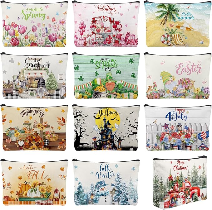 Reginary 12 Pcs Seasonal Makeup Bags, Summer & Festival Themed Cosmetic Bags with Zippers, Gnome Floral Pouch Bulk, Appreciation Gifts for Women, Teacher, Travel Holiday Party Supplies