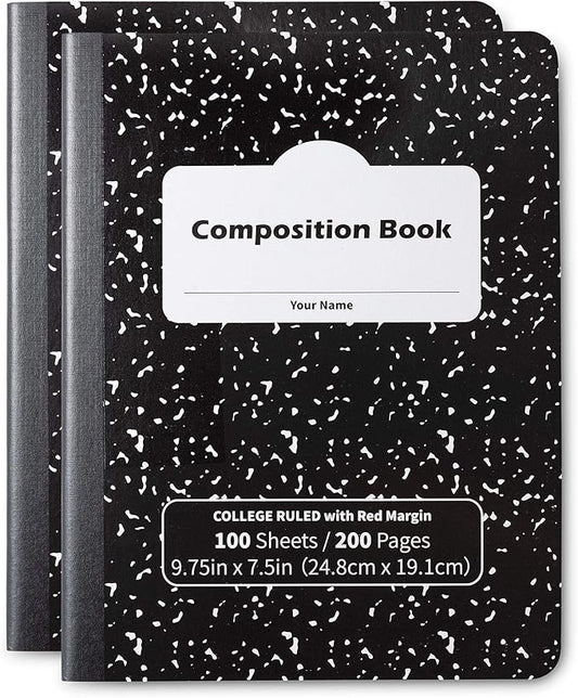 Composition Books, Notebooks, College Ruled Paper, 100 Sheets, Comp Book, 100 Sheets (200 Pages), Black Marble, 2 PACK