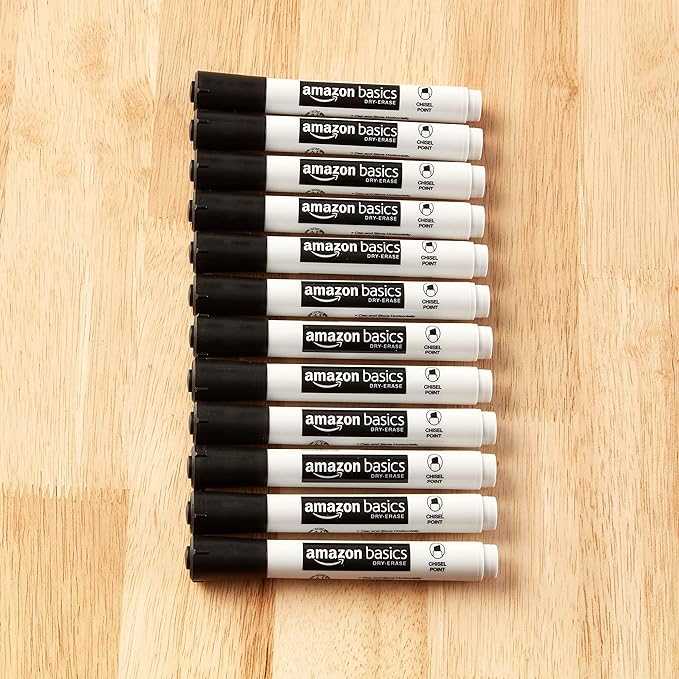 Amazon Basics Lowe-Odor Dry Erase Whiteboard Markers, Chisel Tip, Quick-Dry, Black, 12-Pack