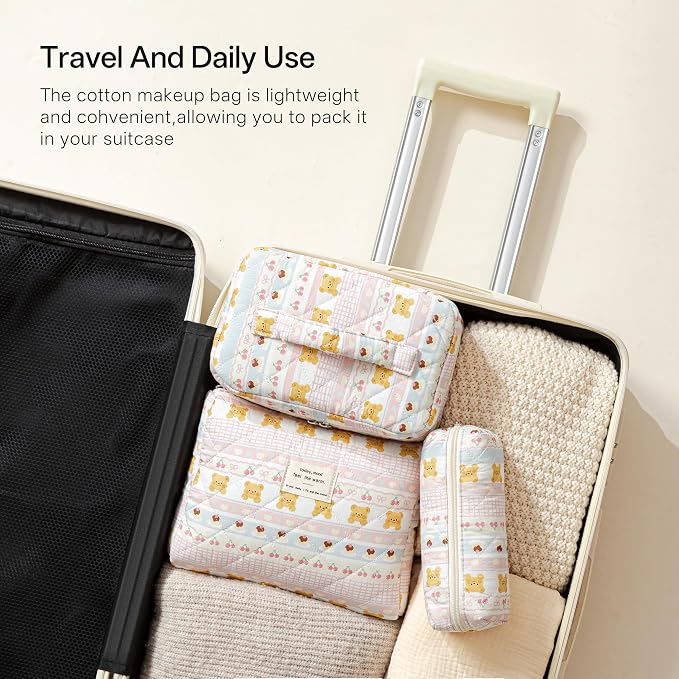 HBselect Quilted Makeup Bag, 3Pcs Cotton Large Travel Makeup Bags Organizer | Cute Floral Make up Bag Cosmetic Bag Toiletry Bag for Women Girls, Makeup Pouch for Skincare, Brushes & Travel Essentials