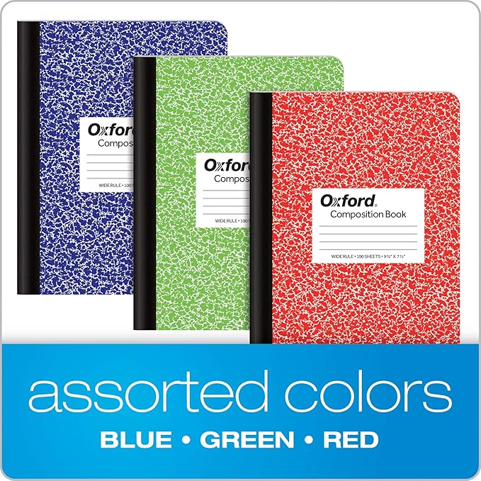 Oxford Composition Notebooks, Cover Colors Vary, Wide Ruled Paper, 9-3/4 x 7-1/2 Inch School Journals, Assorted Marble Covers, 100 Sheets, per Book (63762) (Pack of 4)
