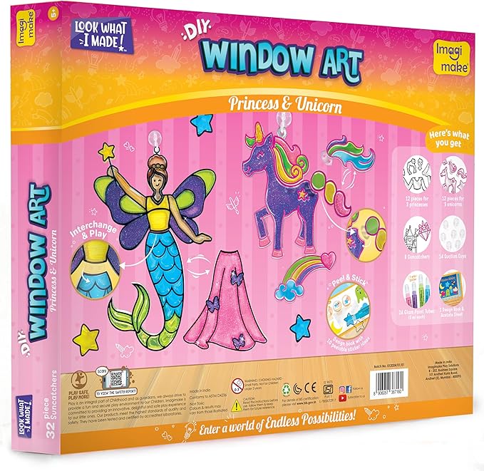 Imagimake Window Art Princess & Unicorn | DIY Suncatcher Kit for 5-8 Year Old Kids | Princess & Unicorn Toys for Girls Age 5,6,7,8 | Art & Craft Kits for Ages 6-8 | Birthday Gifts for 6 Year Old Girls