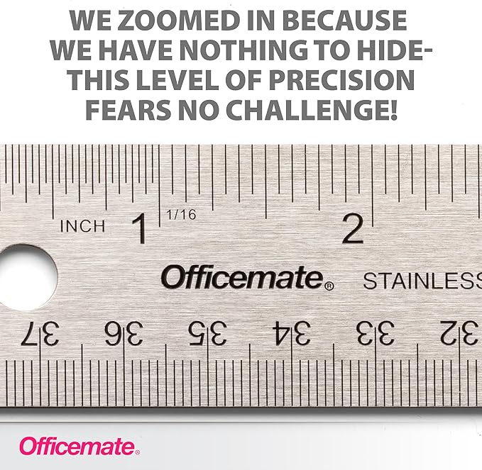 Officemate Classic Stainless Steel Metal Ruler, 15 inches with Metric Measurements, Silver, 15 L x 1.25 W (66612)