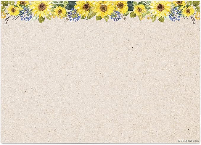 321Done Sunflower Index Cards - 5x7 Cardstock, Kraft (Set of 50) - Blank, No Lines - For Studying, Learning, Flashcards, Notes, Messages, Notecards, Greeting Card Making - Pretty Floral - Made in USA