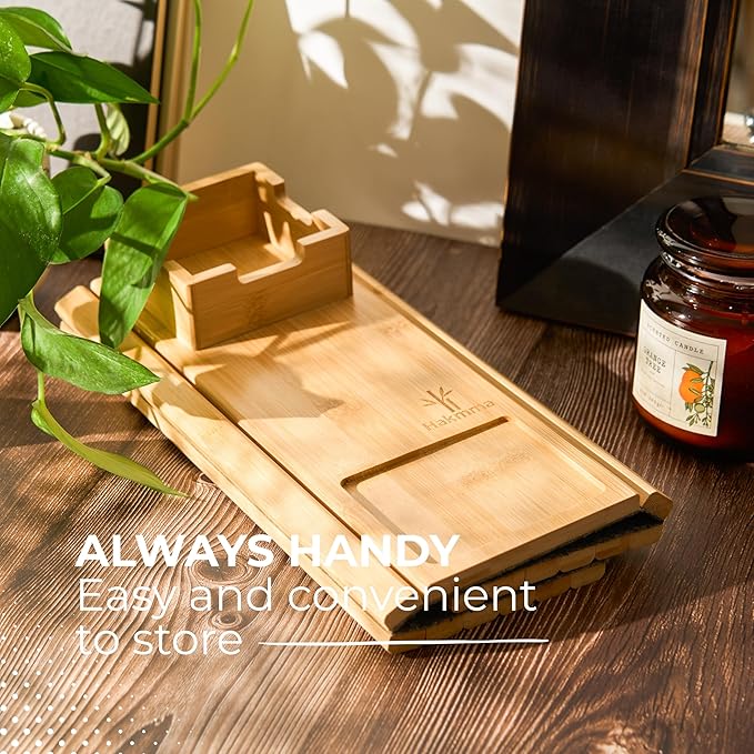 Couch Arm Tray Table – 3-in-1 Bamboo Sofa Armrest Tray with Cup Holder, Phone Slot & Remote Organizer, Foldable Anti-Slip Couch Table for Wide Armrests, Arm Chair Drink Holder, Couch Side Arm Tray