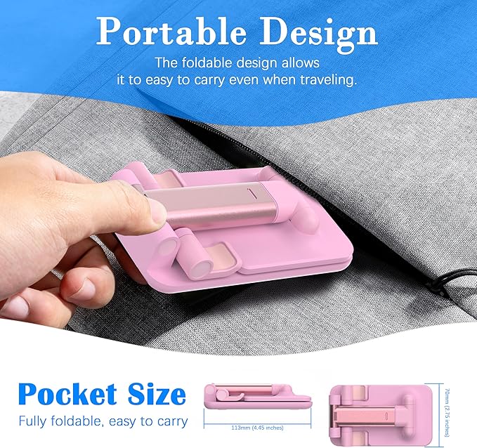 Cell Phone Stand, Adjustable Angle and Height Cell Phone Holder for Desk, Foldable and Portable, Anti-Slip Silicone Pad, Compatible with All Mobile Phones and 4-8 Inch Devices (Pink&Pink)