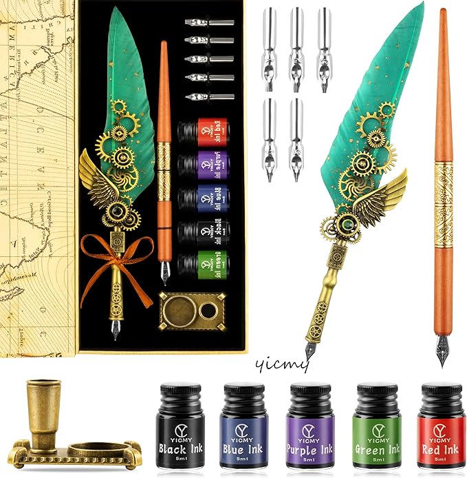 Feather Pen and Ink Set Calligraphy Kit for Beginners with Quill Pen, Antique Vintage Stationary Set for Writing, Signing & Hand Lettering Art(Green feather)