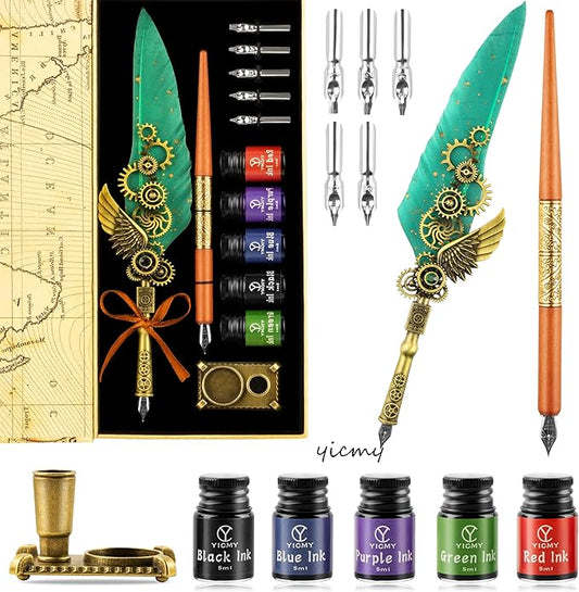 Feather Pen and Ink Set Calligraphy Kit for Beginners with Quill Pen, Antique Vintage Stationary Set for Writing, Signing & Hand Lettering Art(Green feather)