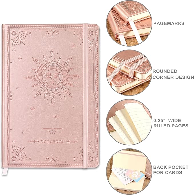 Artfan Ruled Notebook/Journal – Premium Thick Paper Faux Leather Classic Writing Notebook with Pocket + Page Dividers Gifts, Banded, Large, 144 Pages, Hard Cover, Lined (5.8 x 8.4) - The Sun