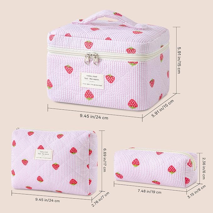 HBselect Quilted Makeup Bag, 3Pcs Cotton Large Travel Makeup Bags Organizer | Cute Floral Make up Bag Cosmetic Bag Toiletry Bag for Women Girls, Makeup Pouch for Skincare, Brushes & Travel Essentials