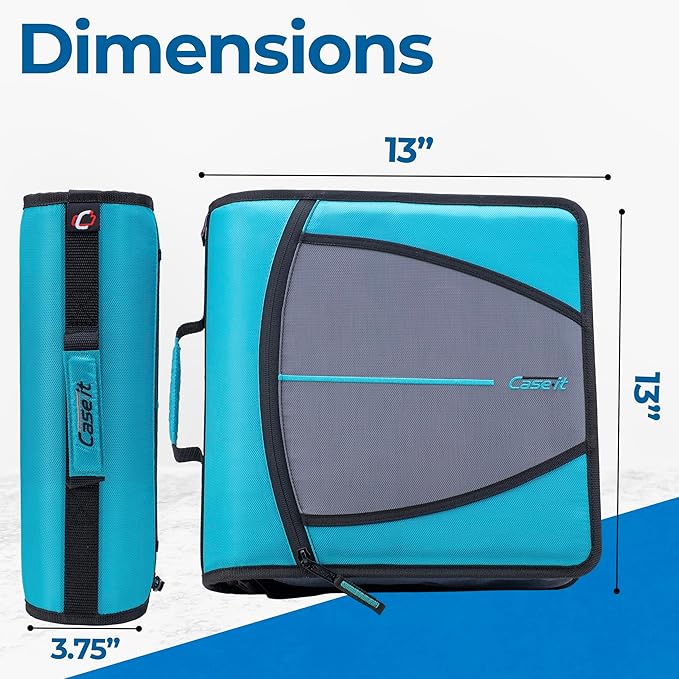 Case-it Mighty Zip Tab School Zipper Binder | 3-Inch O-Rings, 600-Sheet Capacity, 5-Subject Expanding File Folder, Multiple Pockets & Storage Organizer, Shoulder Strap | D-146 Aqua Marine