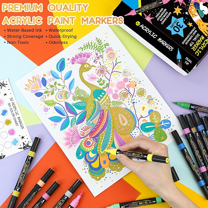 WINSONS 30 Colors Dual Tip Acrylic Paint Markers Pens
