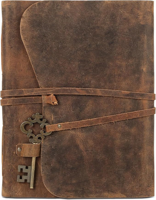Leather Journal with Deckle Edge Paper 8x6 inch and Vintage Key | Handmade Writing Notebook Diary | Bound Daily Notepad for Men & Women Medium, Sketch/Writing pad for Artists