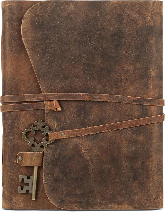 Leather Journal with Deckle Edge Paper 8x6 inch and Vintage Key | Handmade Writing Notebook Diary | Bound Daily Notepad for Men & Women Medium, Sketch/Writing pad for Artists