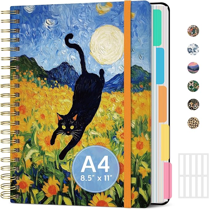 Large Spiral Notebook with Dividers & Tabs, 8.5" x 11" Hardcover 5 Subject Notebook for Work, 280 Pages, College Ruled, Cute Journal for Women, Perfect for Study & Office Note Taking, Midnight Stroll