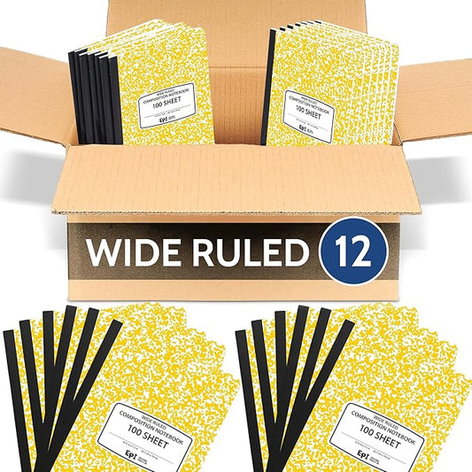 12 Pack - EPI Wide Ruled Marble Composition Notebook - Yellow 200 Page Note Book - 9.75 x 7.5 Inch Hardcover Journal with Sewn Binding for Secure Pages - Classroom Back to School Supplies