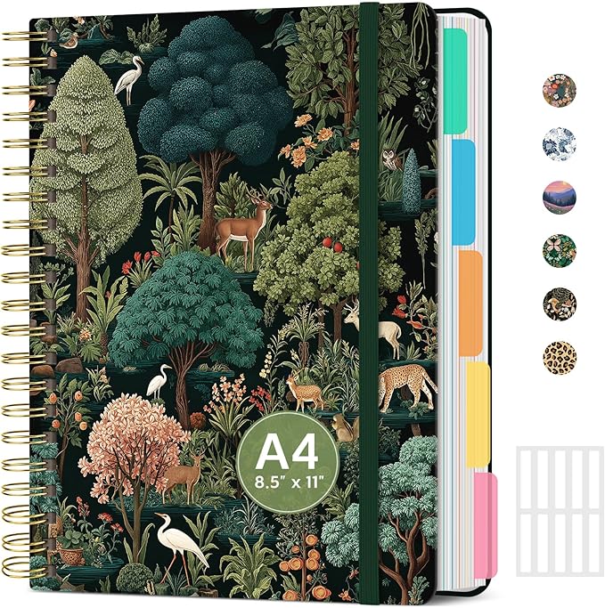 Large Spiral Notebook with Dividers & Tabs, 8.5" x 11" Hardcover 5 Subject Notebook for Work, 280 Pages, College Ruled, Cute Journal for Women, Perfect for Study & Office Note Taking, Enchanted Grove