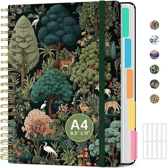 Large Spiral Notebook with Dividers & Tabs, 8.5" x 11" Hardcover 5 Subject Notebook for Work, 280 Pages, College Ruled, Cute Journal for Women, Perfect for Study & Office Note Taking, Enchanted Grove