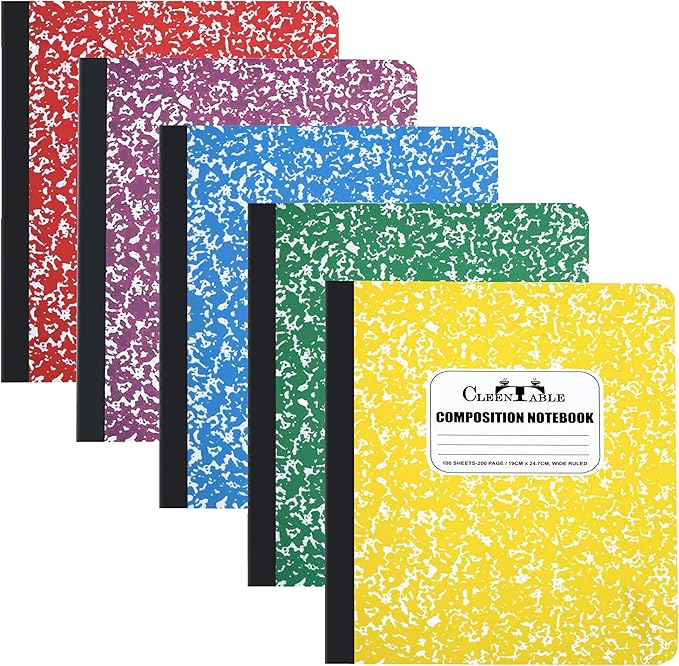 CLEENTABLE Composition Notebook 5 Pack, Wide Ruled Paper, Marble Cover Notebooks for School, 9.75 x 7.5 Inches, 100 Sheets (200 Pages), Sewn Binding Comp Books, Multicolor
