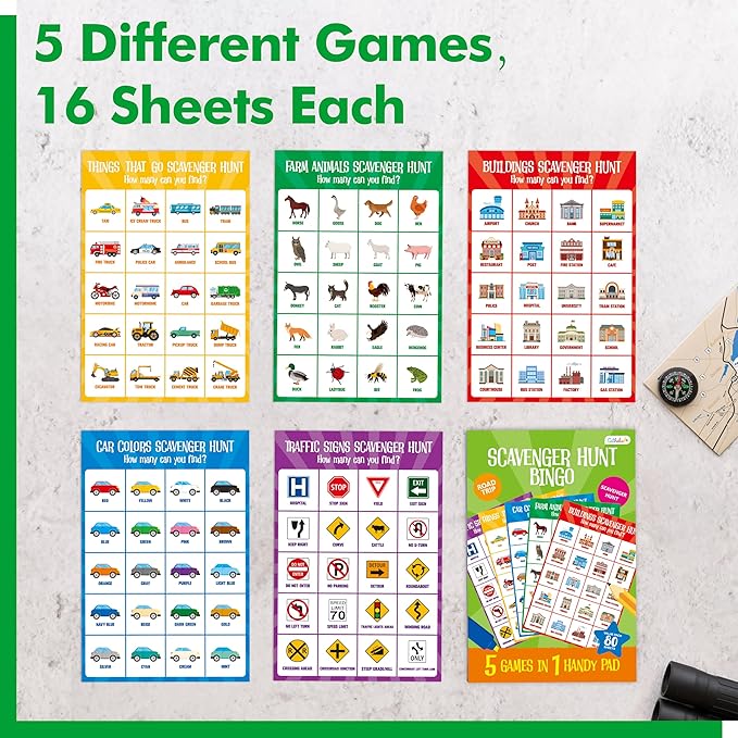 Road Trip Game Pad, 5 Games in 1 (Farm Animals, Car Colors, Buildings, Traffic Signs, Vehicles Scavenger Hunt Bingo), Pen Pencil Paper Game, Plane Trip/ Car Travel/Getaway Activity Pad for Kid, Adult