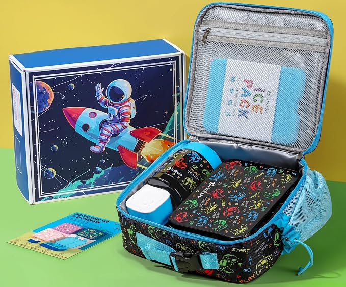 Fimibuke Bento Lunch Box for Kids Toddler Boys with 12OZ Insulated Food Jar | 3-Compartment 32OZ Snack Lunch Container Bento Box, Lunch Bag & Ice Pack Set for Age 3-12 School Daycare Camp, Gamepad