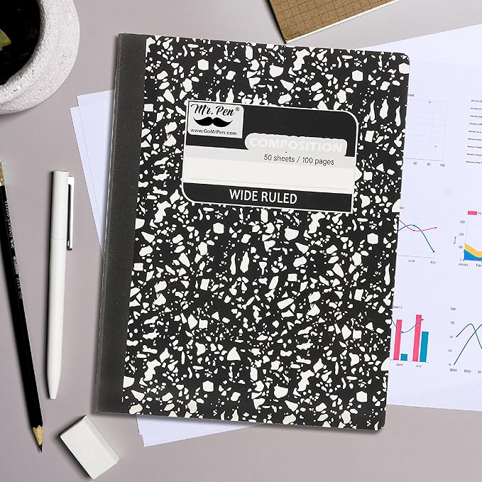 Mr. Pen- Composition Notebook, 2 Pack, Wide Ruled, 50 Sheets, 9.75" x 7.5", Black Marble, Composition Book, Notebooks for School, Wide Ruled Composition Notebook, Journal Notebooks, Writing Notebooks