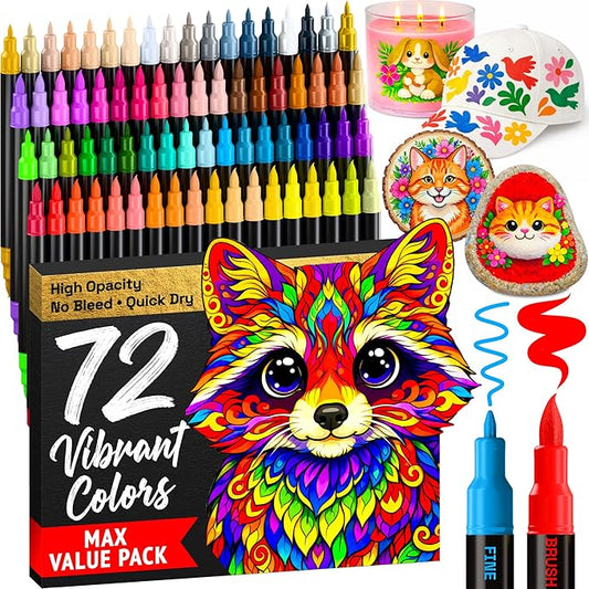 ARTISTRO 72 Acrylic Paint Markers - Paint Pens for Drawing, Brush + Fine Tips - For Fabric, Rock, Glass, Wood, DIY - Art & Craft Supplies for Adults, Teens, Kids - Teacher Appreciation Gift